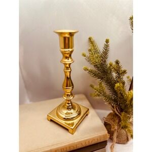 Vintage Polished Brass Taper Candle Holder Square Base Gold Candlestick 7.25 in